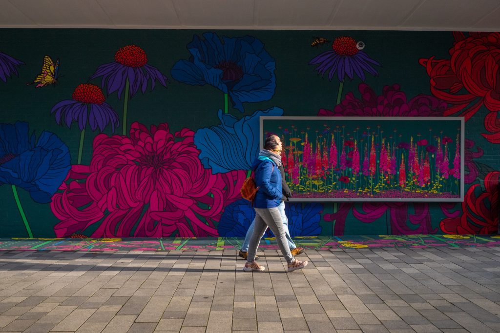 A wall painted with a dark green background featuring bright pink and blue flowers which makes a mural. There is a white man wearing a blue hood and jeans walking past the mural on the grey pavement.
